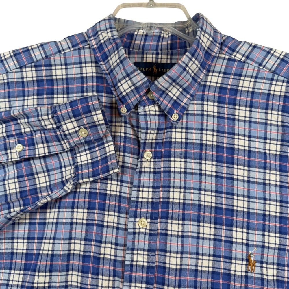 Ralph Lauren Button Down Shirt Men 2XB Blue Plaid Long Sleeve Cotton Flesh Pony